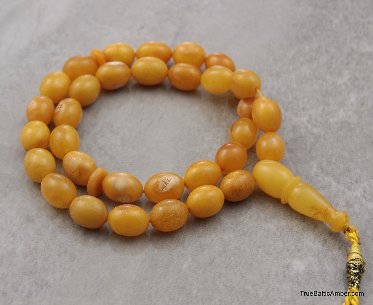 33 GRAMS/Honey Aged Egg Yolk Muslim Islamic Rosary 33 Olive Prayer Beads by Baltic Amber Handmade/Genuine Tasbih Yellow Butterscotch/Misbaha Authenticity Natural Baltic Amber / 10 x 14 mm 