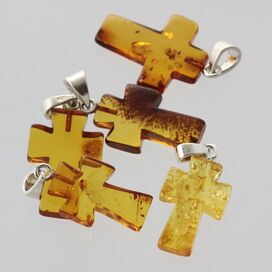 5 Baltic Amber Cross Silver Pendants