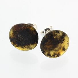 Raw Dark Buttons Baltic amber Silver Stud Earrings