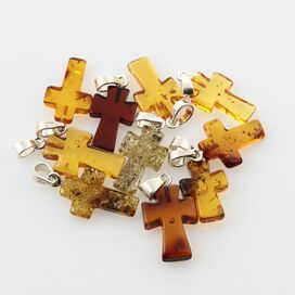 10 Small Baltic Amber Cross Silver Pendants