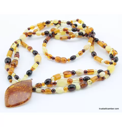 Multi-strand Baltic amber pendant necklace