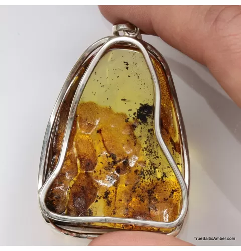 Large amulet Baltic amber silver pendant with insect inclusion 21g