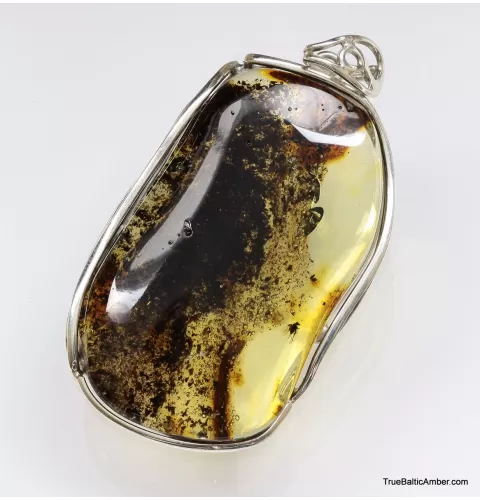 Large amulet Baltic amber silver pendant with insect inclusion 21g