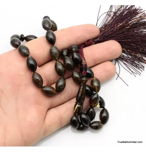 Large Islamic 33 Prayer Dark OLIVE Baltic amber beads rosary