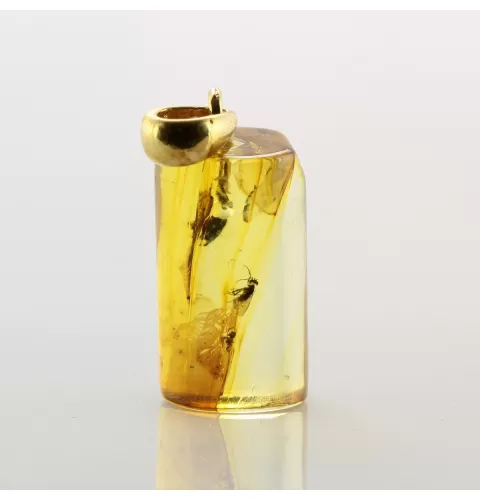 Cylinder shape Baltic amber Gold plated pendant w insects