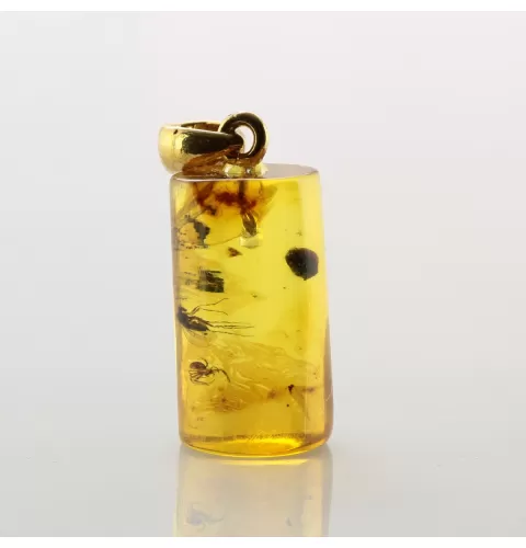 Cylinder shape Baltic amber Gold plated pendant w insects