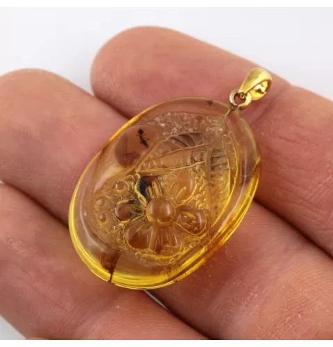 Ant Insect in Carved Amulet Baltic amber fossil pendant