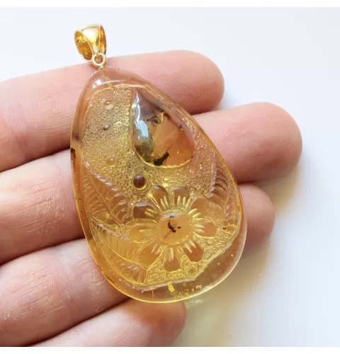 Swarm Insects in Carved Amulet Baltic amber fossil pendant