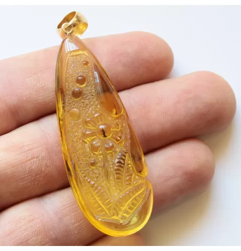Gnats Insects in Carved Amulet Baltic amber fossil pendant