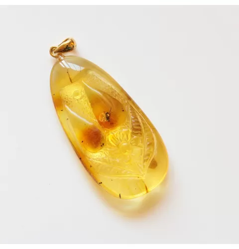 Fly Insect in Carved Amulet Baltic amber fossil pendant