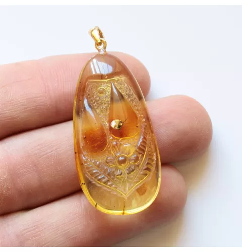 Fly Insect in Carved Amulet Baltic amber fossil pendant
