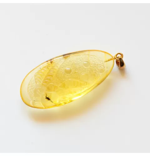 Disptera Insect in Carved Amulet Baltic amber fossil pendant