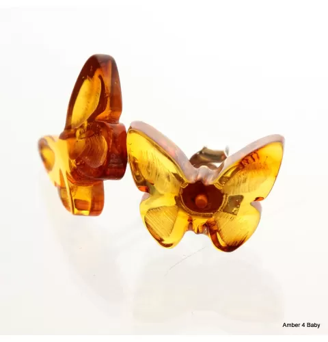 Carved Butterfly Baltic Amber Stud Earrings