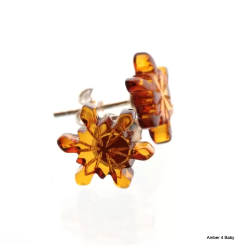 Carved Snowflake Baltic Amber Stud Earrings
