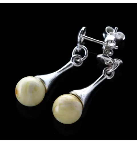 White Ball Baltic Amber Drop Dangle Earrings