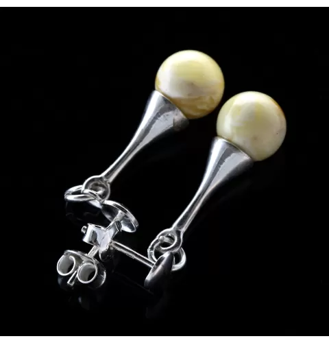 White Ball Baltic Amber Drop Dangle Earrings