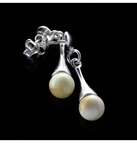 White Ball Baltic Amber Drop Dangle Earrings