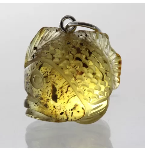 Green Baltic Amber figurine FISH Pendant Silver Charm