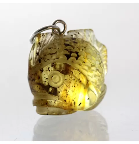 Green Baltic Amber figurine FISH Pendant Silver Charm