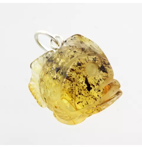 Green Baltic Amber figurine FISH Pendant Silver Charm