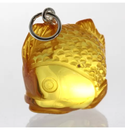 Honey Baltic Amber figurine FISH Pendant Silver Charm