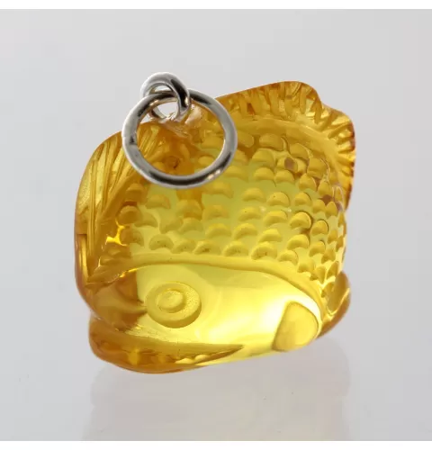 Honey Baltic Amber figurine FISH Pendant Silver Charm