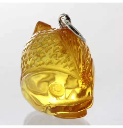 Honey Baltic Amber figurine FISH Pendant Silver Charm