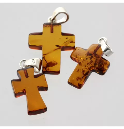 3 Baltic Amber Cross Silver Pendants