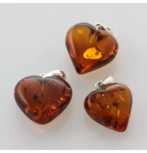 3 Heart Shape Cognac Baltic Amber Pendants Charms
