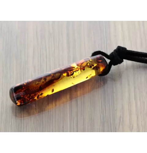 Natural Amber Hole Pendant w Leather Cord