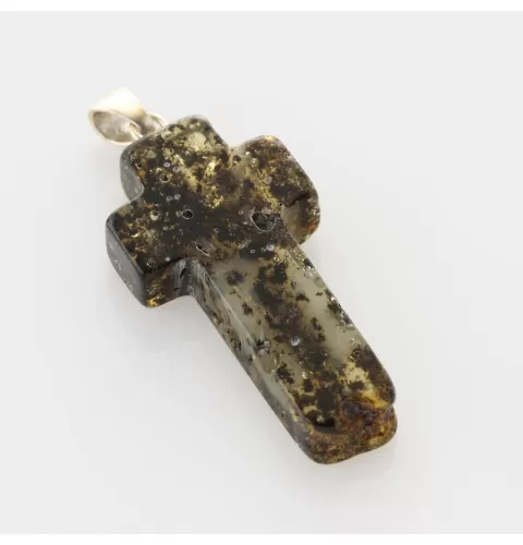 Dark Cross Baltic Amber Silver Pendant