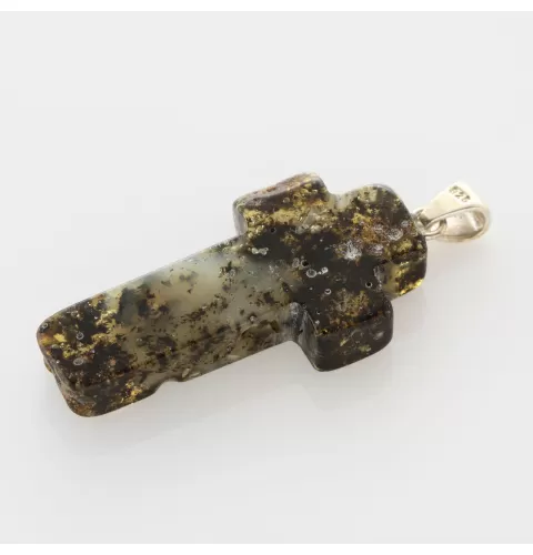 Dark Cross Baltic Amber Silver Pendant