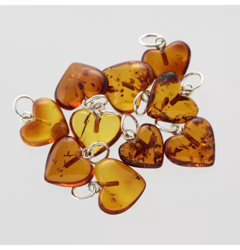 10 Small Baltic Amber Hearts Silver Pendants
