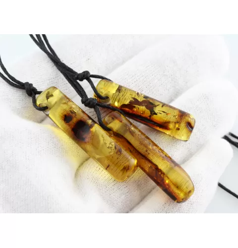3 Natural Amber Pendants w Leather Cord