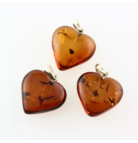 3 Baltic Amber Hearts Silver Pendants