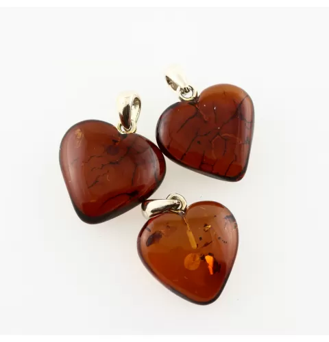 3 Baltic Amber Hearts Silver Pendants