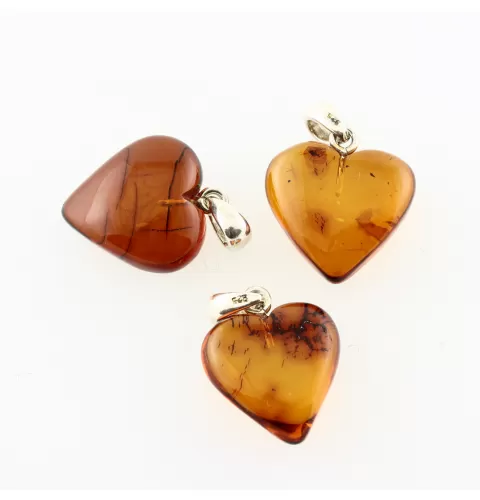 3 Baltic Amber Hearts Silver Pendants