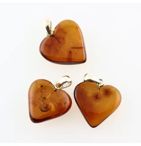 3 Baltic Amber Hearts Silver Pendants