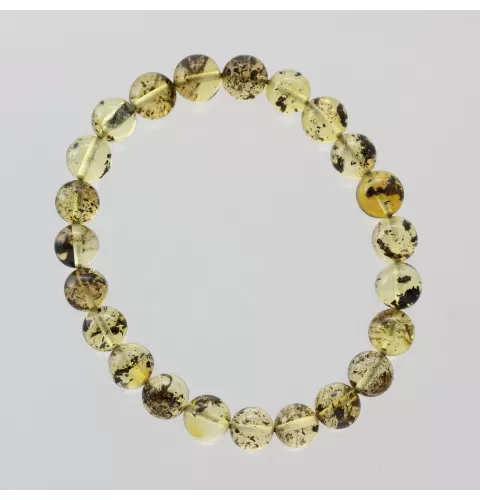 Polished Green ROUND beads Baltic amber stretchy bracelet 18cm