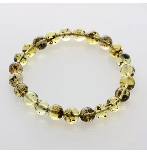 Polished Green ROUND beads Baltic amber stretchy bracelet 18cm
