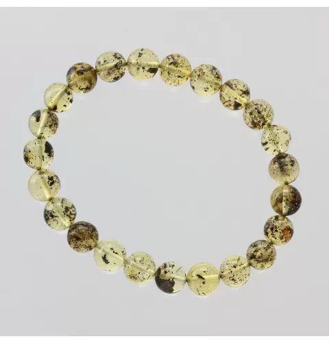 Polished Green ROUND beads Baltic amber stretchy bracelet 18cm