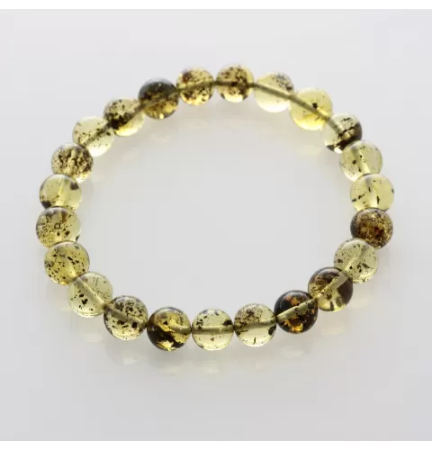 Polished Green ROUND beads Baltic amber stretchy bracelet 18cm