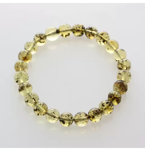 Polished Green ROUND beads Baltic amber stretchy bracelet 18cm