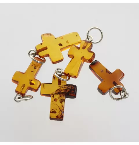 5 Small Baltic Amber Cross Silver Pendants