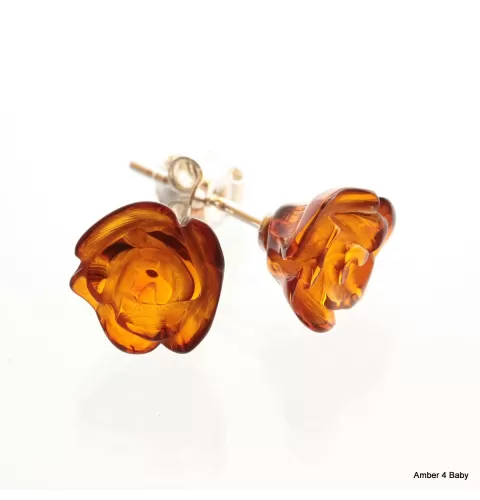 Carved Rose Baltic Amber Stud Earrings
