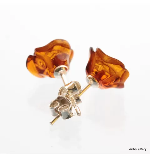 Carved Rose Baltic Amber Stud Earrings