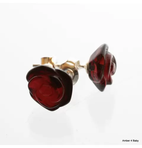 Carved Rose Baltic Amber Stud Earrings