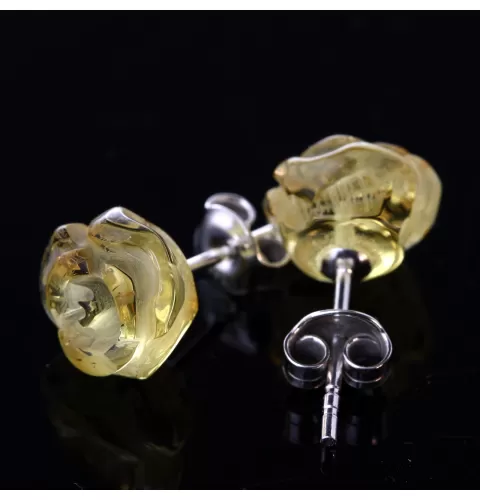 Carved Rose Baltic Amber Stud Earrings