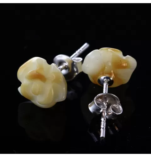 Carved Rose Baltic Amber Stud Earrings