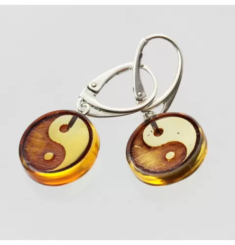 Carved Baltic amber Silver Earrings